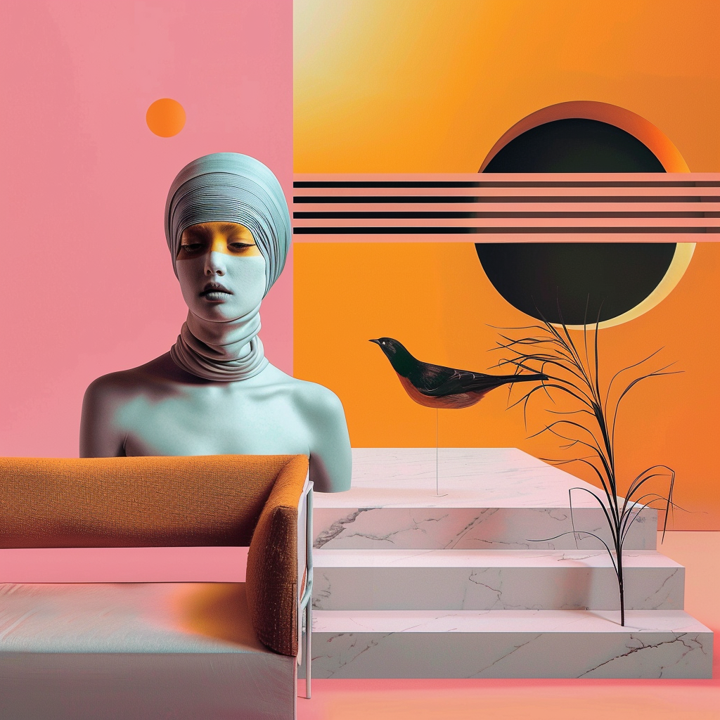 Futuristische weibliche Figur in einer surrealen Komposition aus Orange, Rosa und Schwarz – Symbol für Ruhe, Stil und innere Balance.
