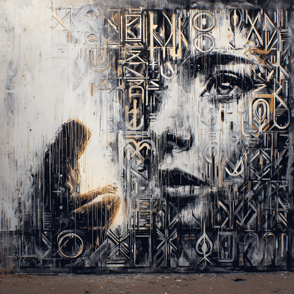 kunstwerk mit gesicht und sitzender figur aus symbolen und linien in schwarzweiß
