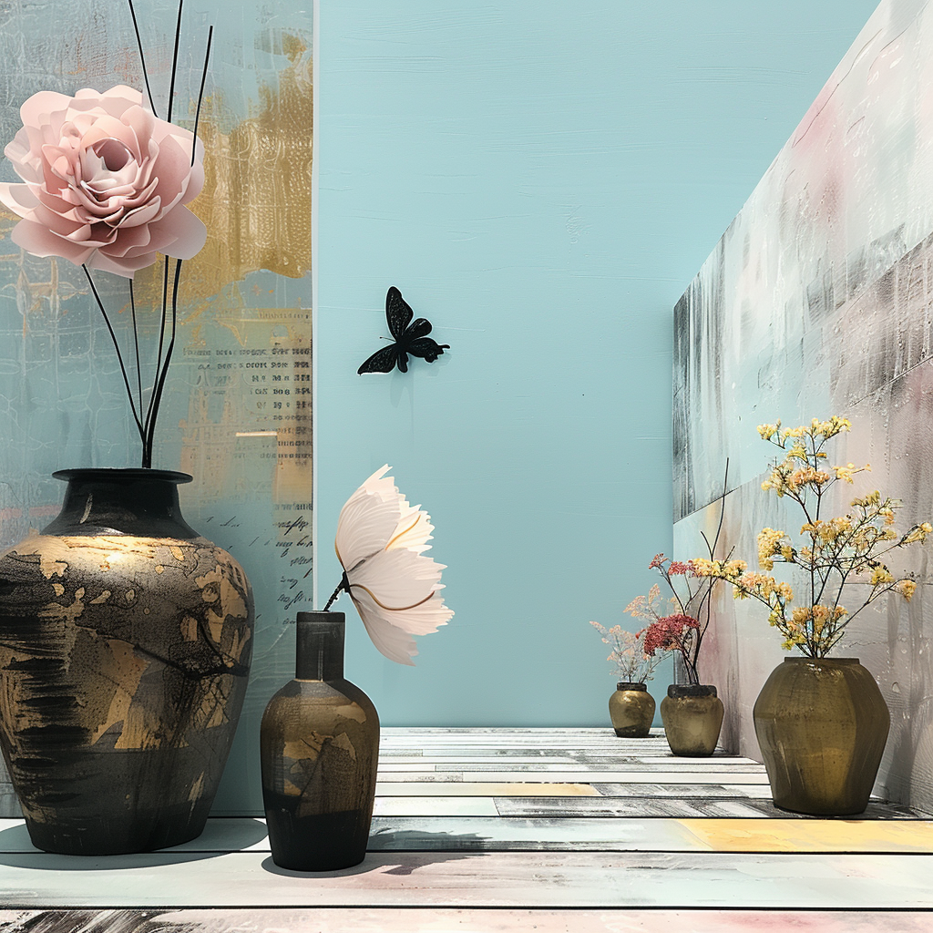 Zeitgenössisches Stillleben mit Vasen, Blüten und Schmetterling vor hellblauem Hintergrund. Elegante Komposition in sanften Farben.
