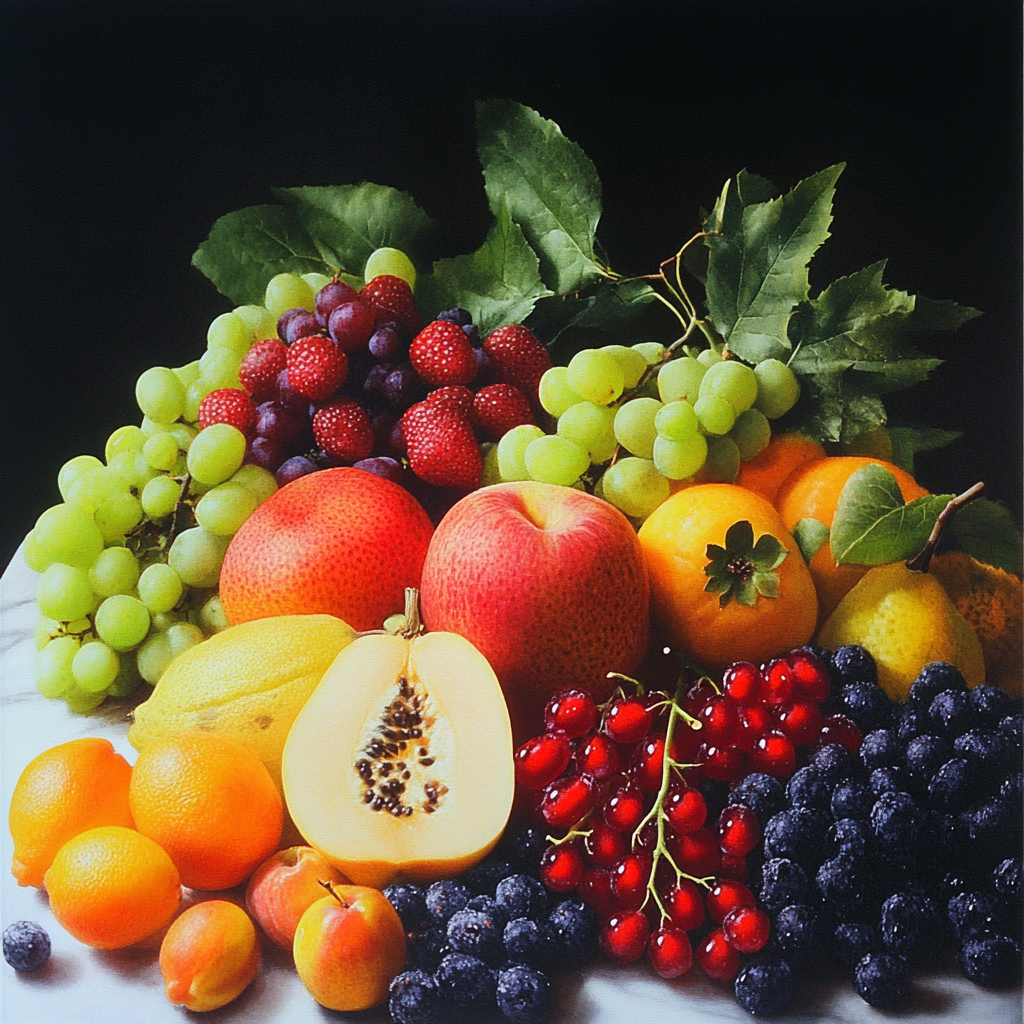 Stillleben mit verschiedenen Früchten und Beeren, darunter Äpfel, Trauben, Papaya, Orangen, Kirschen und Blaubeeren
