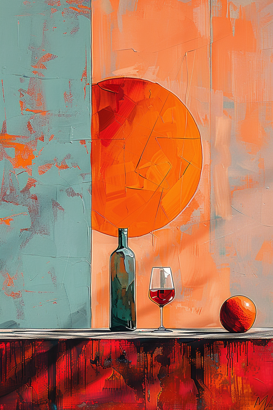 Abstraktes Stillleben mit Weinflasche, Glas und Kugel vor einem Hintergrund aus Orange und Türkis – geometrisch klar, mit leuchtender Farbfläche und warmer Lichtstimmung.
