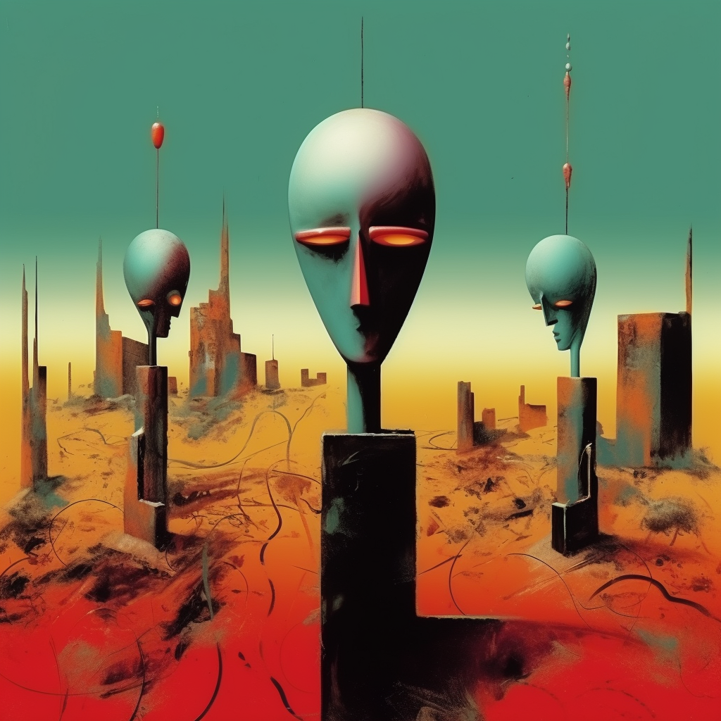 Surrealistisches Gemälde mit schwebenden Köpfen in einer futuristischen Landschaft, Symbol für kollektives Bewusstsein und Verbindung
