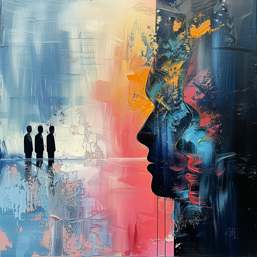 Abstraktes Porträt mit leuchtenden Farbflächen in Blau, Rot und Orange, das Silhouetten und Gesichter im Profil zeigt.
