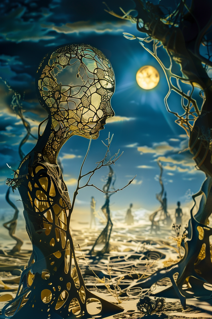 filigrane figur aus organischen linien unter mondlicht
