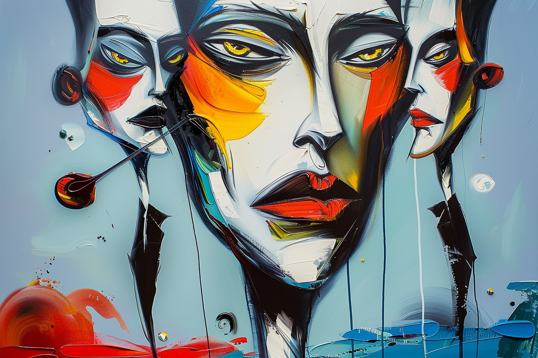 Drei expressionistisch gemalte Gesichter mit leuchtenden Gelb-, Rot- und Blautönen über einem kühlen Hintergrund, deren Formen sich überlagern und miteinander verschmelzen.
