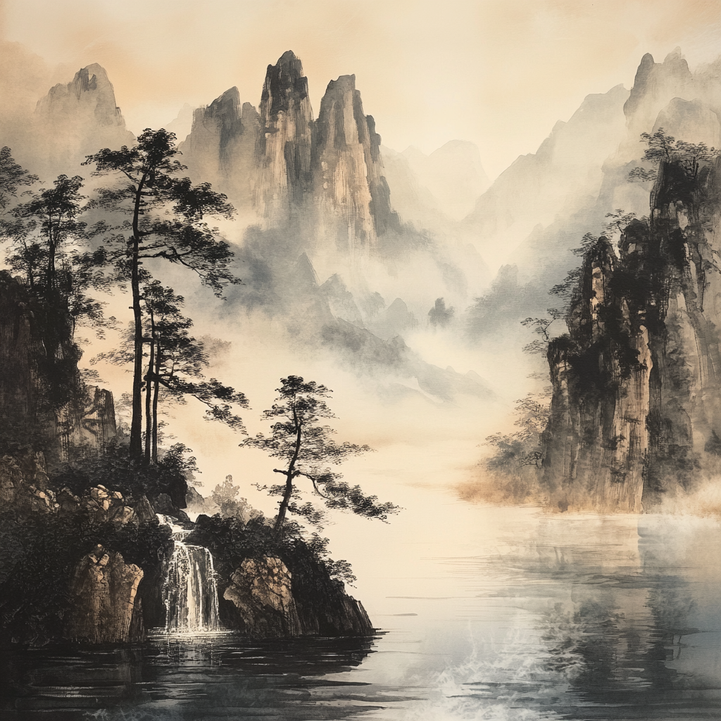 traditionelle tuschmalerei mit bergen, wasserfall und nebel
