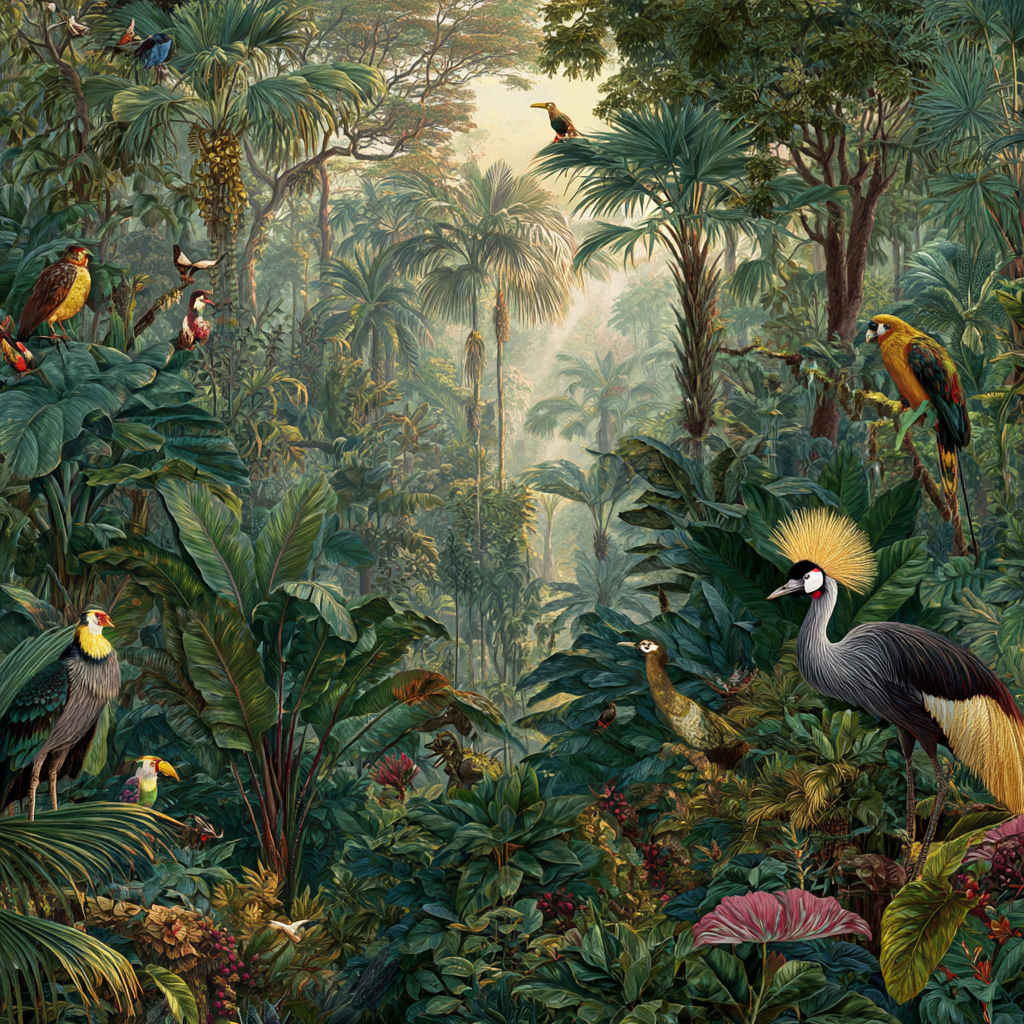 tropischer regenwald mit exotischen vögeln und dichter vegetation
