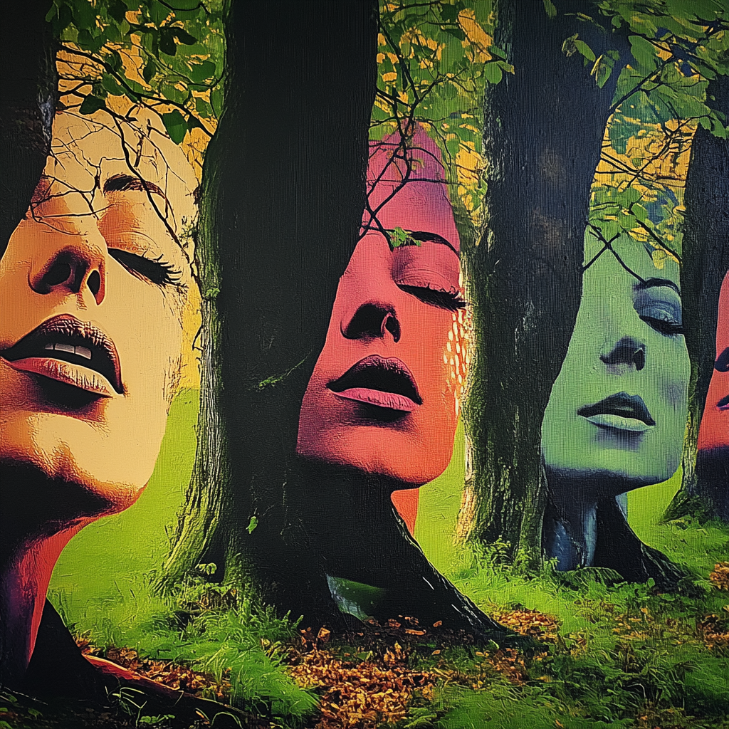 Surreale Darstellung farbiger Frauenköpfe, die aus Baumstämmen hervortreten – ein Spiel zwischen Natur, Identität und Mythos im leuchtenden Licht eines Waldes.
