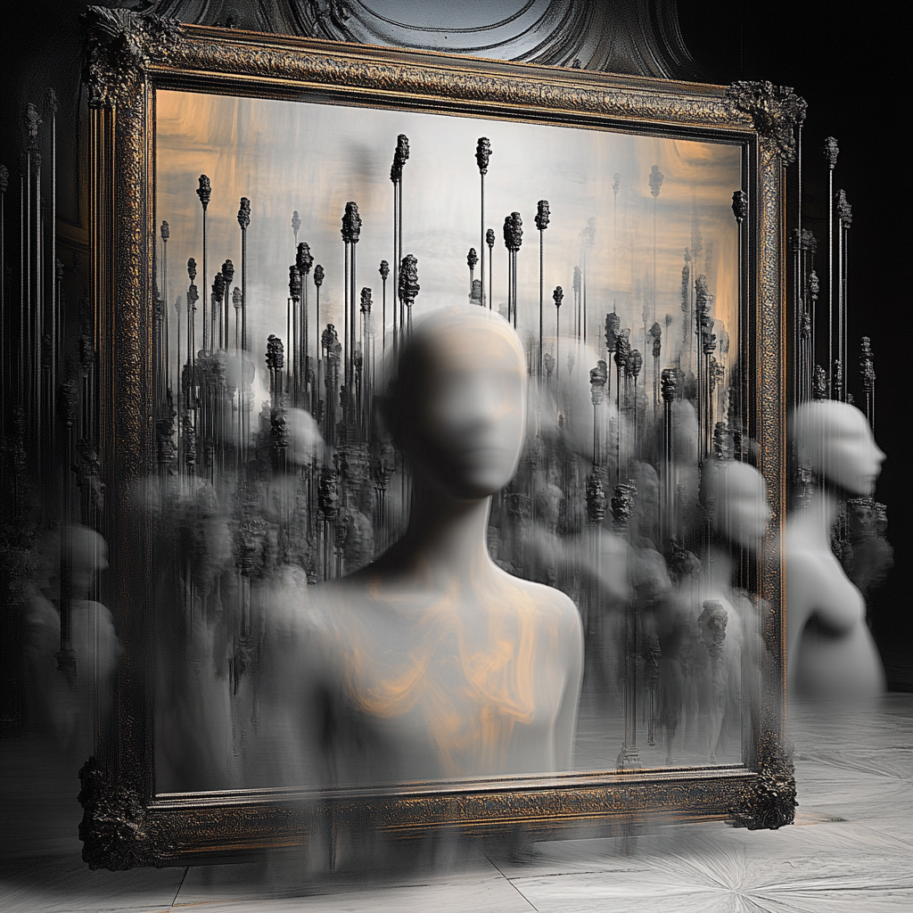 surrealistische installation mit rahmen und gesichtslosen figuren in nebliger atmosphaere
