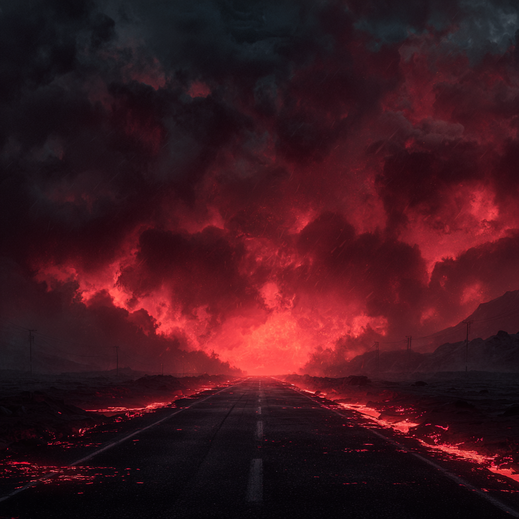 Straße, die in einen feurigen roten Himmel führt, umgeben von Lava und dunklen Bergen – apokalyptische, dramatische Landschaftsszene.
