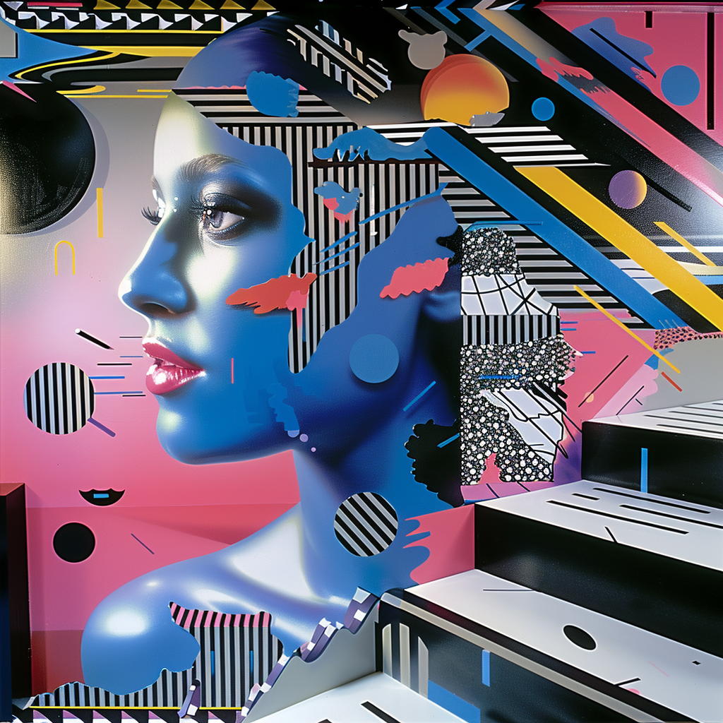 futuristisches frauenporträt mit geometrischen linien und farbflächen in pink blau gelb
