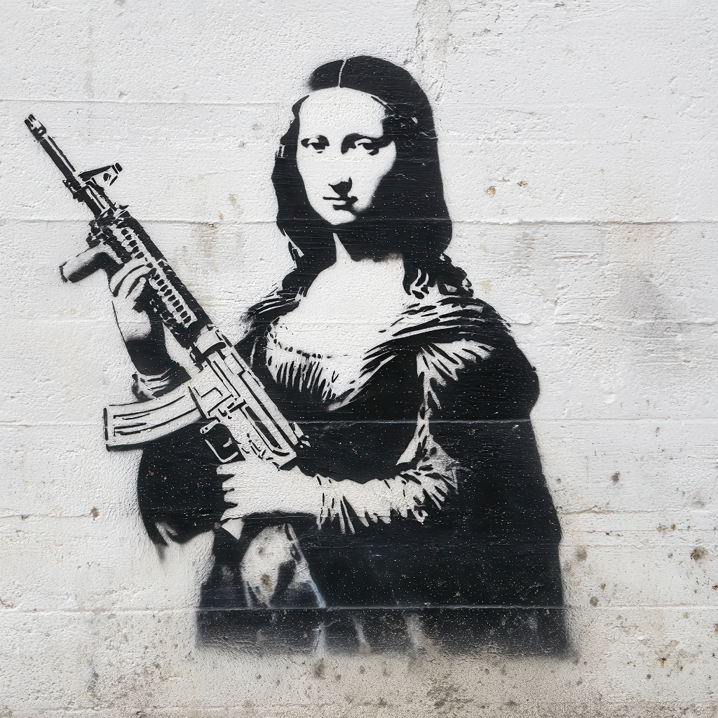 Stencil-Graffiti einer klassischen Frauenfigur mit moderner Waffe.
