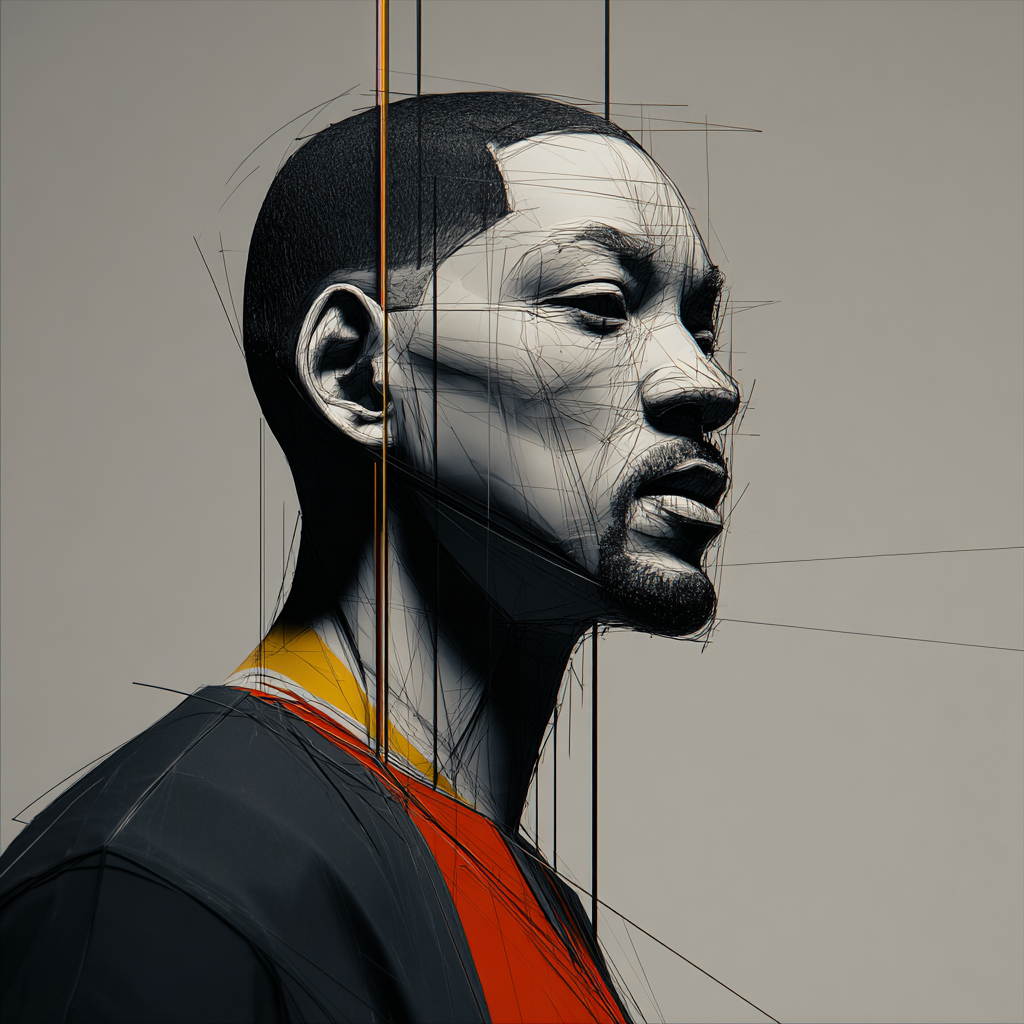 Abstraktes Porträt eines Mannes mit klaren, geometrischen Linien und Skizzenelementen – eine Mischung aus digitaler Konstruktion, Realismus und grafischer Präzision.
