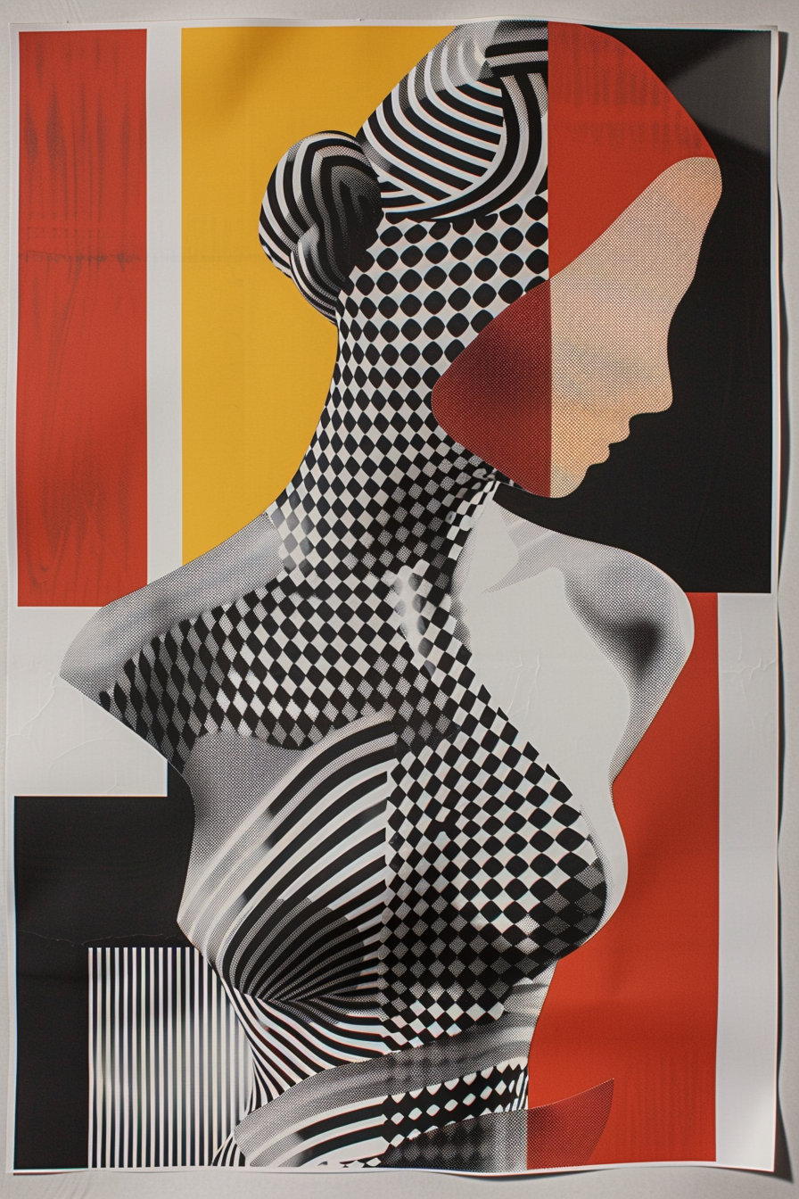 Abstraktes Porträt einer Frau im Profil, gestaltet aus geometrischen Mustern, Linien und kontrastierenden Farbflächen in Schwarz, Weiß, Rot und Gelb – eine Verbindung aus Körper und Struktur.
