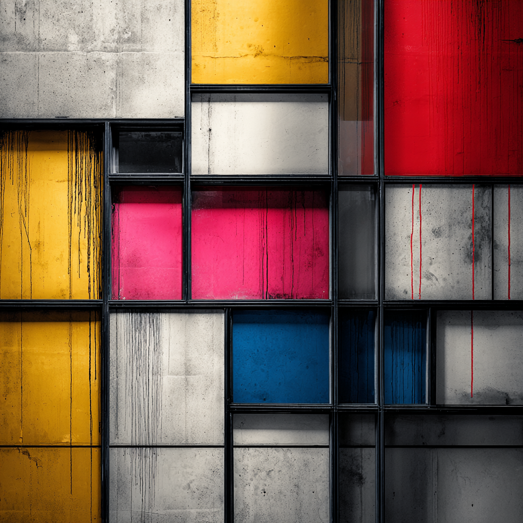 Abstrakte Komposition aus farbigen Rechtecken in Gelb, Rot, Blau und Grau, mit schwarzen Linien und Farbspuren – eine moderne Interpretation geometrischer Kunst.
