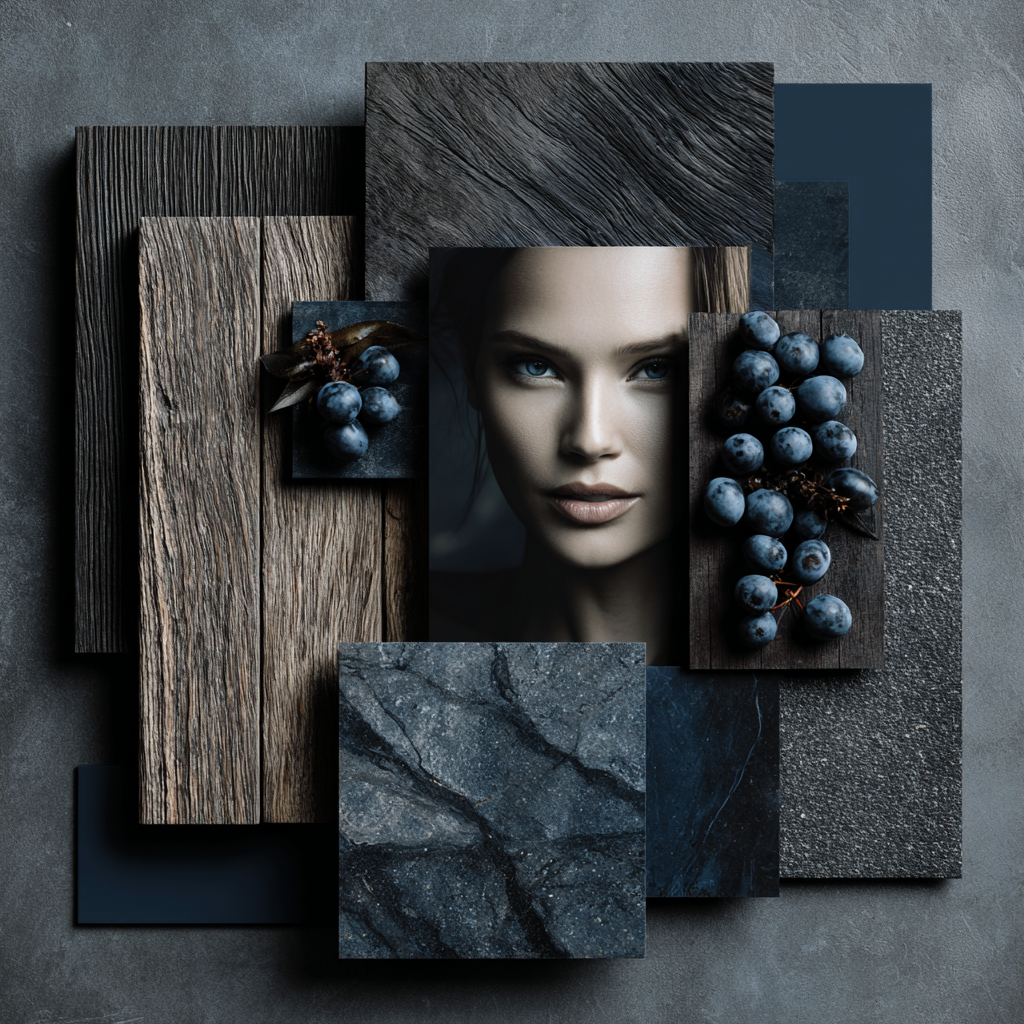 Stilvolles Stillleben mit einer Fotografie einer Frau, Holz- und Steintexturen sowie dunklen Blautönen – Komposition aus Naturmaterialien, Porträt und minimalistischer Eleganz.
