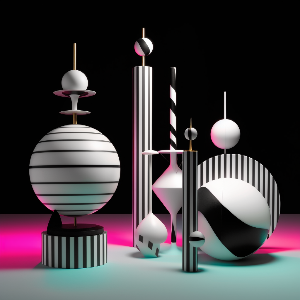 Abstrakte Komposition aus schwarz-weißen geometrischen Formen und Streifen, beleuchtet von farbigem Licht – ein Spiel aus Ordnung, Rhythmus und Balance.
