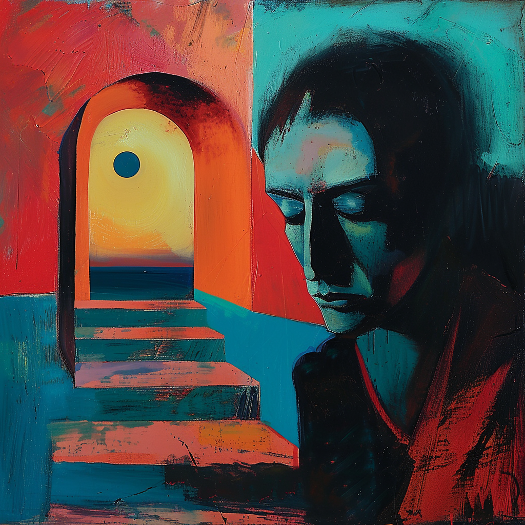 Abstrakte Malerei einer nachdenklichen Person vor einem Torbogen, durch den warmes Licht und eine Sonne auf das Meer scheinen.
