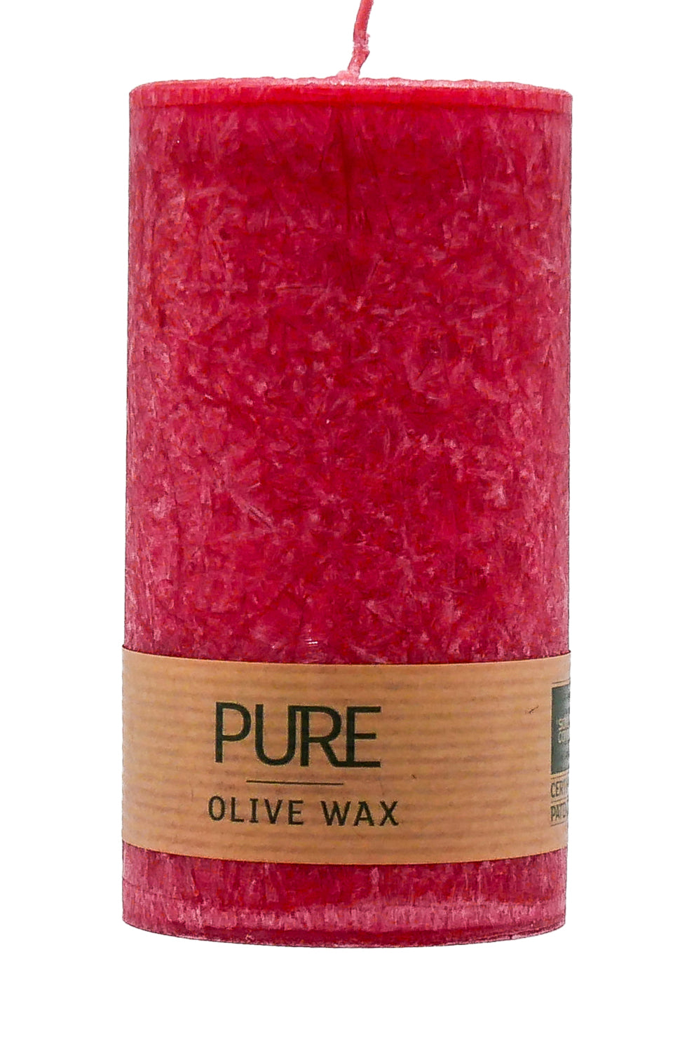 Stumpenkerze aus Olivenwachs in Fuchsia, Höhe 130 mm, mit PURE-Banderole
