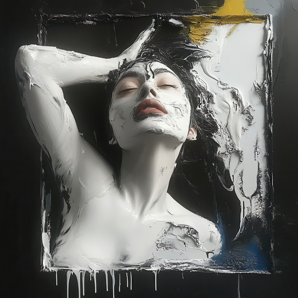 Frau, die aus pastoser weißer Farbe auftaucht, vor dunklem Hintergrund.
