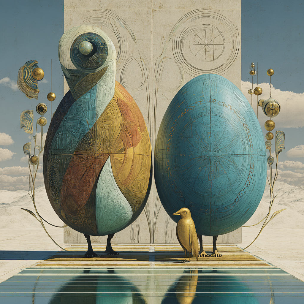 Zwei große geometrische Skulpturen in Ei- und Vogelform mit goldenem Vogel in surrealer Wüstenlandschaft.
