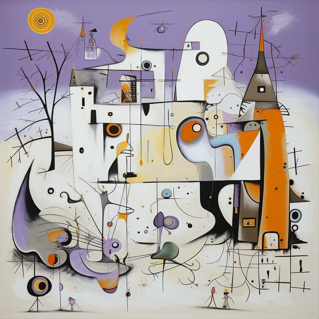 Abstrakte, surreal anmutende Komposition mit lila, orangen und weißen Formen, Linien und spielerischer Architektur voller Bewegung und Fantasie.

