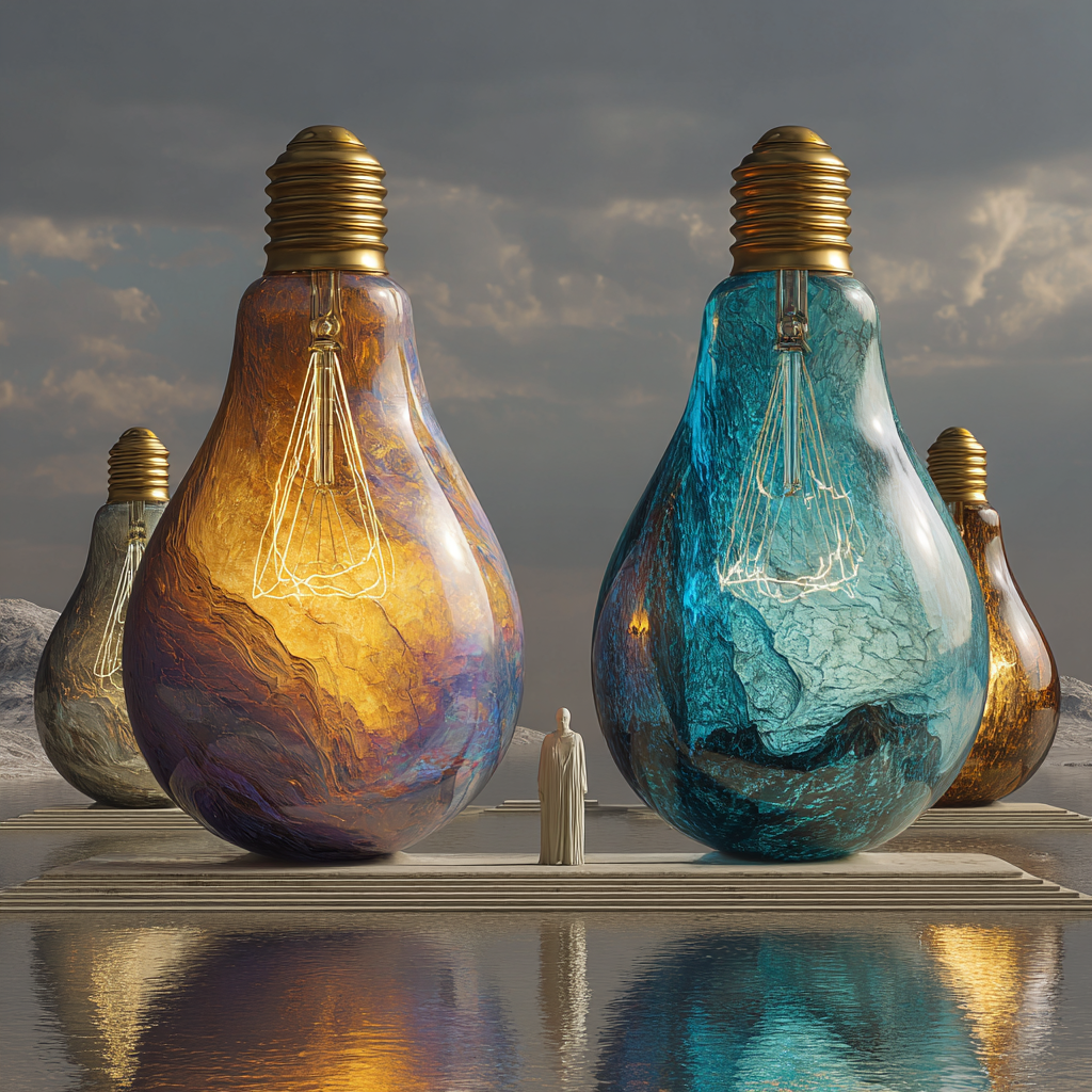 Surreale Landschaft mit riesigen farbigen Glühbirnen aus Glas und einer einzelnen Figur im Zentrum.
