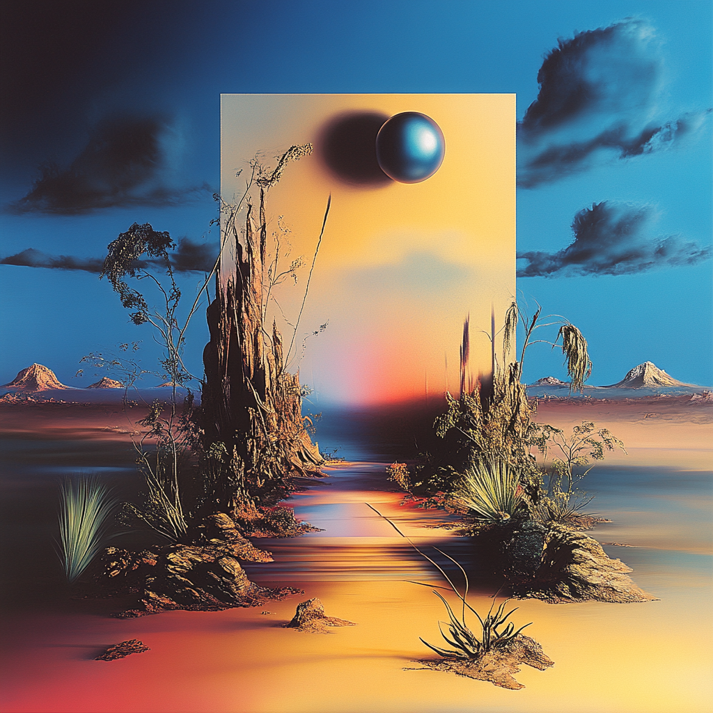 Surreale Wüstenlandschaft mit schwebender Kugel und leuchtenden Farben
