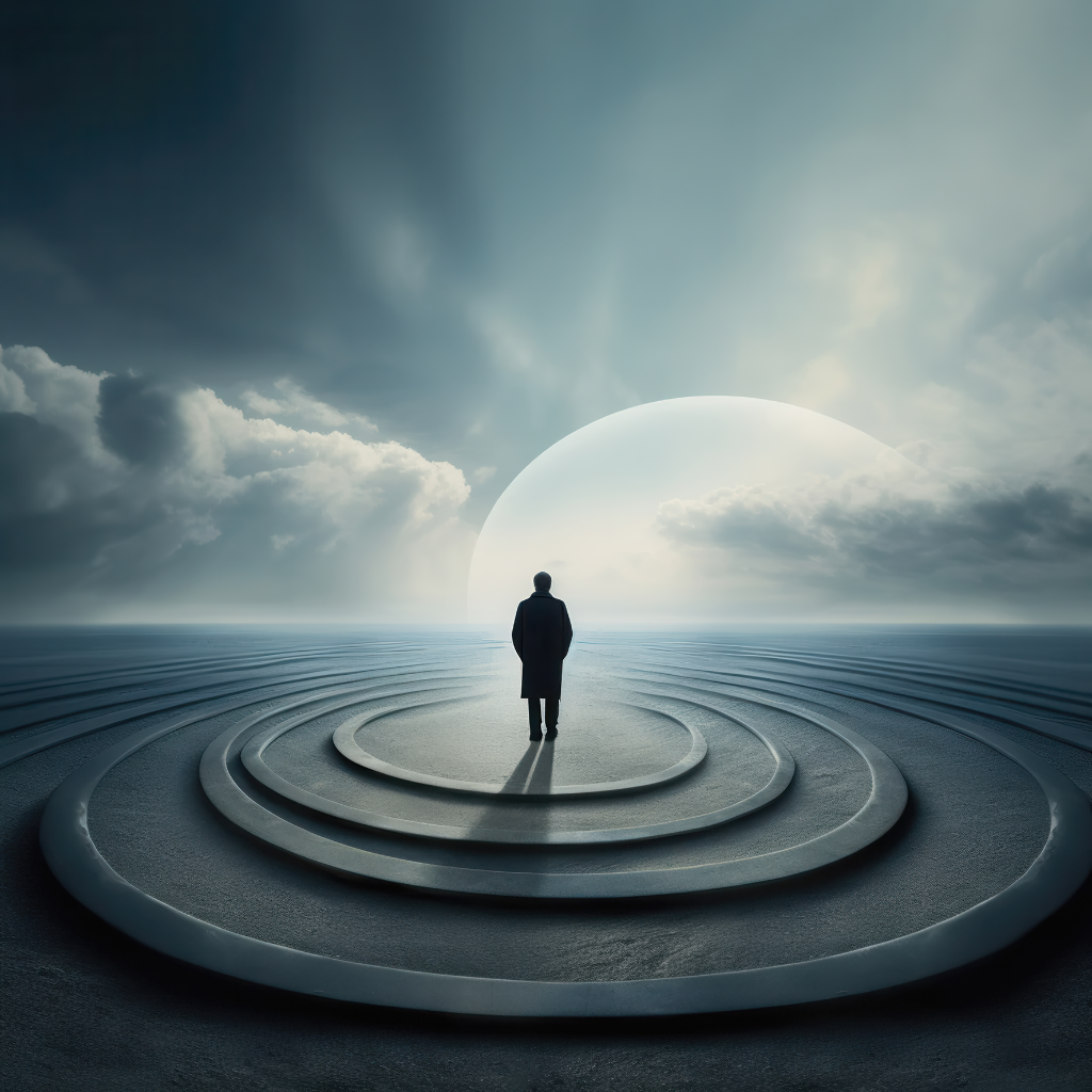 Person auf konzentrischen Kreisebenen vor einer surrealen lichtdurchfluteten Sphäre am Horizont.
