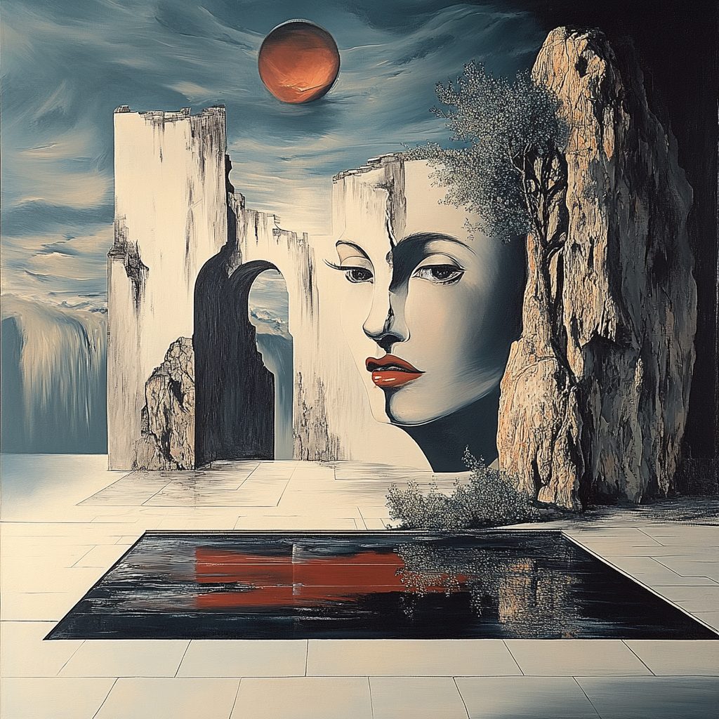 Surrealistische Landschaft mit Felsen, in denen ein weibliches Gesicht erscheint – roter Mond und Spiegelung in Wasserfläche, digitale Kunst.
