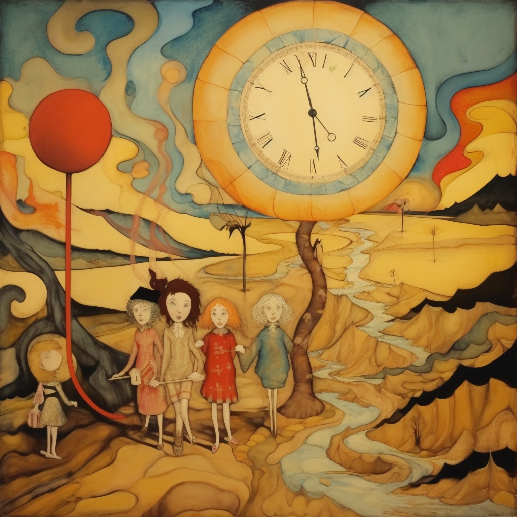Surrealistische Szene mit Kindern unter einer großen Uhr in einer farbenfrohen Traumlandschaft aus Gelb, Blau und Rot.
