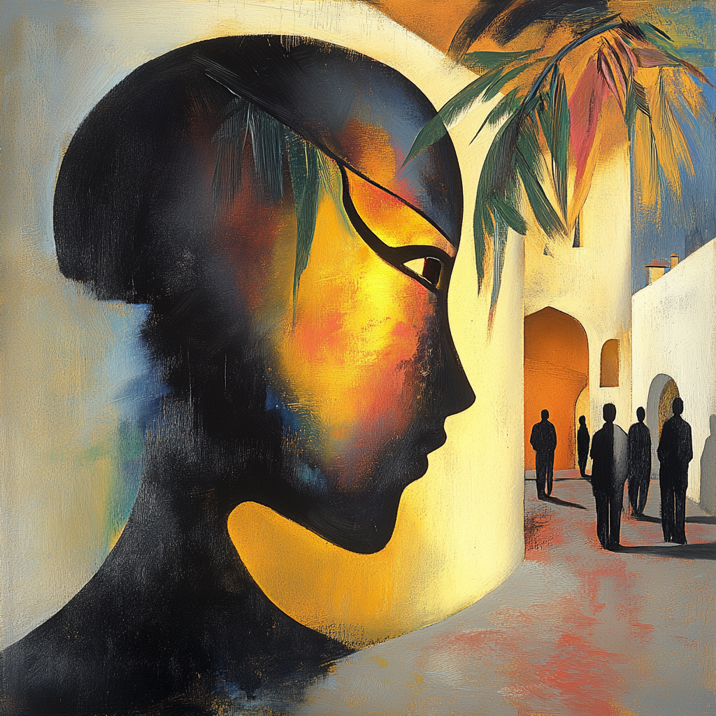 Surrealistische Darstellung eines Gesichts im Profil mit architektonischer Kulisse und Figuren im Licht
