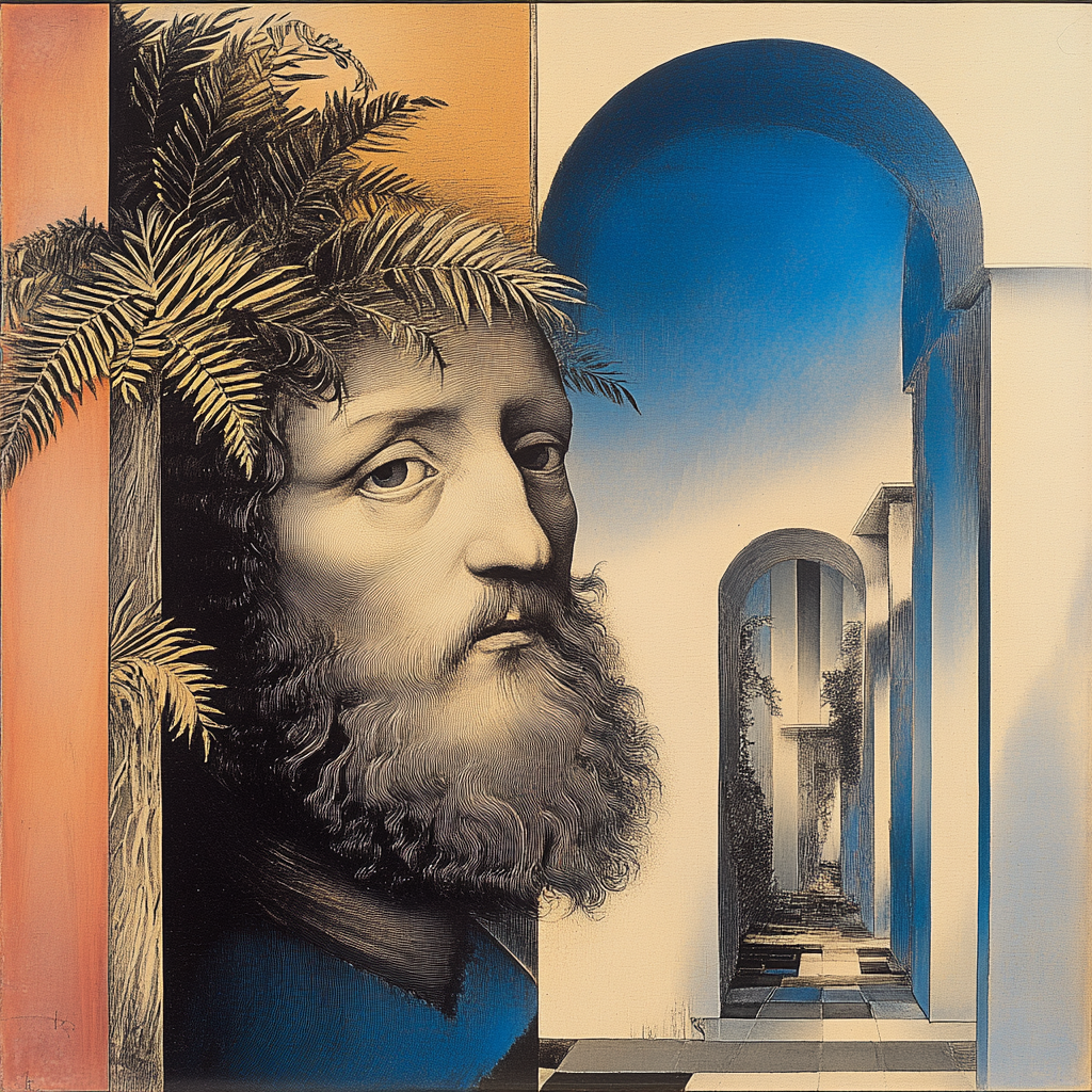 Surrealistisches Porträt eines Mannes mit Bart, kombiniert mit architektonischen Formen und Palmen
