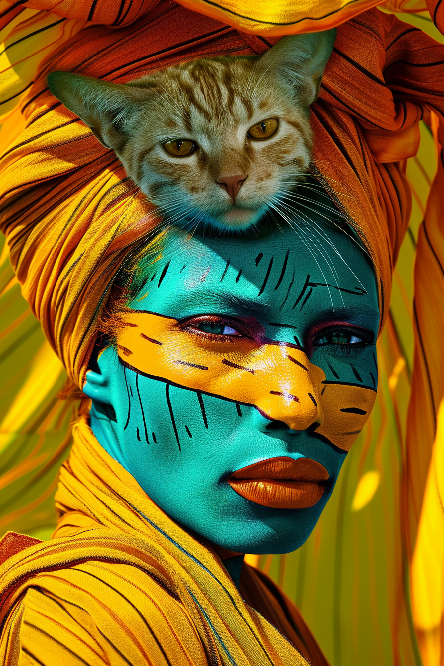 Porträt einer Person mit türkisblauer Körperbemalung und oranger Kopfbedeckung, auf der eine Katze ruht – kontrastreiche, symbolische Komposition aus Mensch und Tier.
