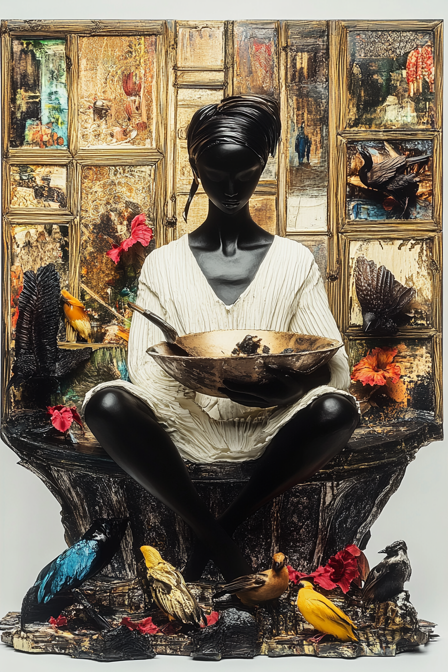 Kunstwerk einer schwarzen Figur mit goldener Schale, umgeben von bunten Vögeln und floralen Details

