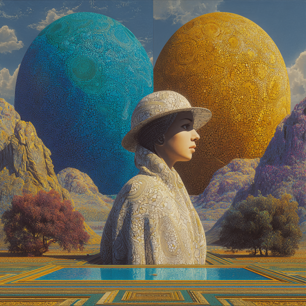 Frau vor riesigen blauen und goldenen Sphären in einer surrealen, ornamentreichen Landschaft. Symbolistische und träumerische Bildkomposition.
