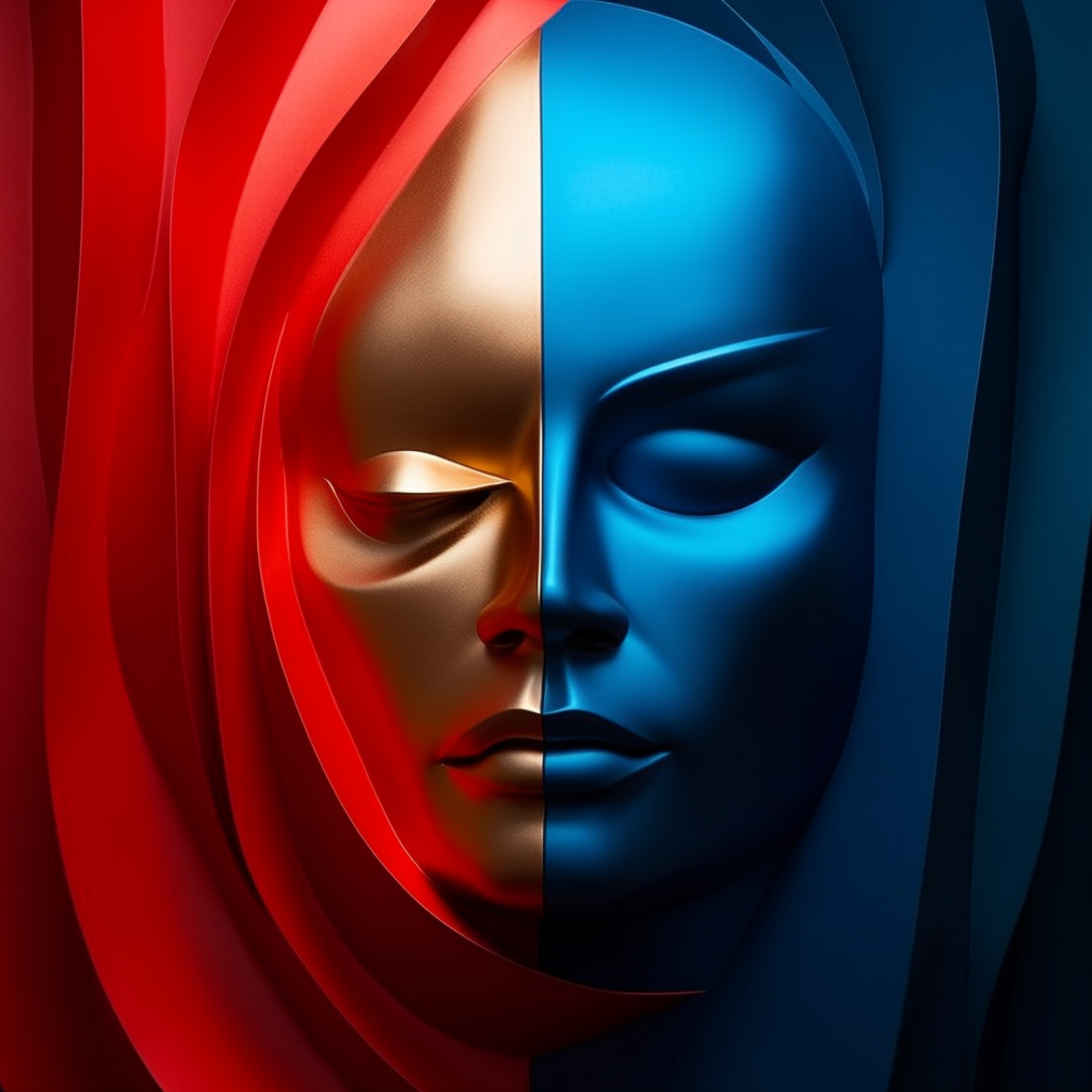 Ein abstraktes Gesicht, geteilt in zwei Hälften: links in warmem Rot-Gold, rechts in kühlem Blau. Die Komposition symbolisiert Dualität, Balance und innere Einheit.
