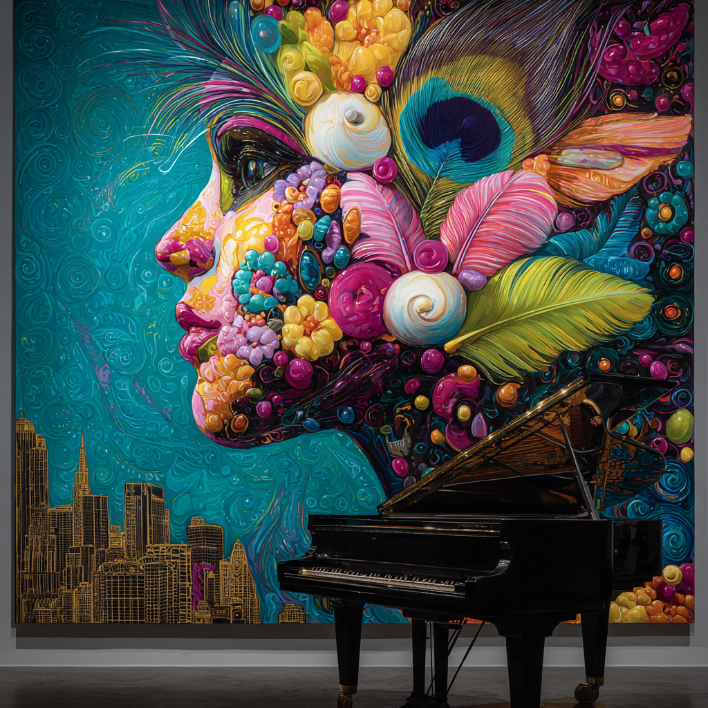 Farbiges Porträt aus Blüten, Federn und organischen Formen vor türkisem Hintergrund mit goldener Skyline; im Vordergrund ein schwarzer Flügel.
