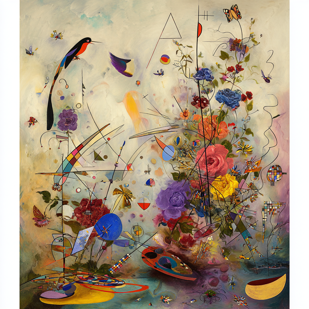 Abstrakte Komposition aus Blumen, geometrischen Formen, Vögeln und Schmetterlingen – eine lebendige Fusion von Natur und Geometrie in kräftigen Farben.
