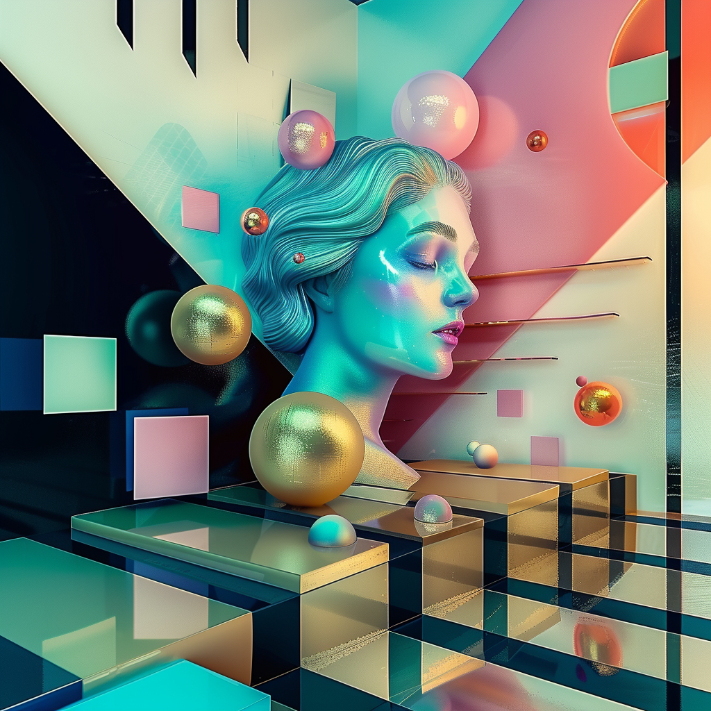 Futuristische digitale Komposition mit einer weiblichen Büste in Pastellfarben, umgeben von schwebenden Kugeln und geometrischen Formen in glänzenden Oberflächen.
