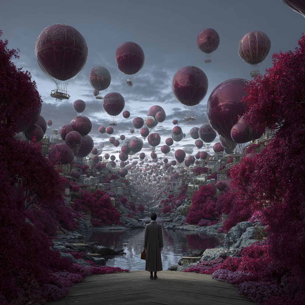 Surreales Tal mit hunderten schwebenden Luftballons, violetten Bäumen und einer Person auf einem Steg, die in die traumhafte Landschaft blickt.
