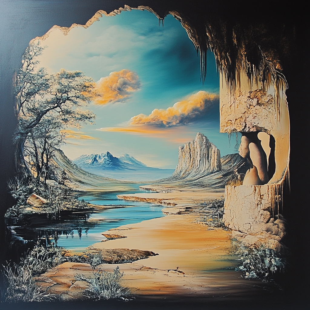 Surreale Landschaft mit Höhlenöffnung, Flusslauf und fernen Bergen – in den Felsen eingemeißelte menschliche Silhouetten symbolisieren Erinnerung und Zeit.
