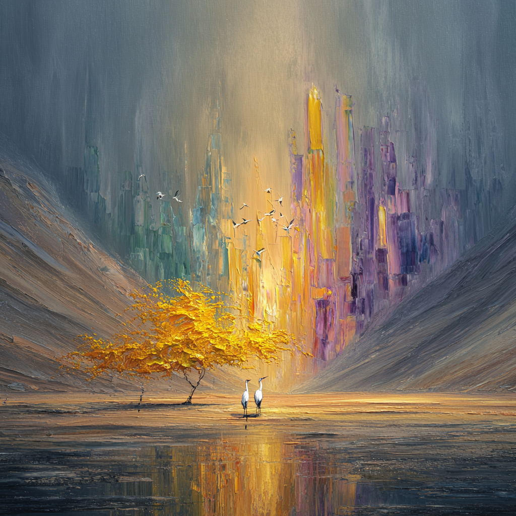 Goldener Baum und zwei Vögel in einer farbenreichen, surrealen Landschaft mit
leuchtenden vertikalen Farbformationen.
