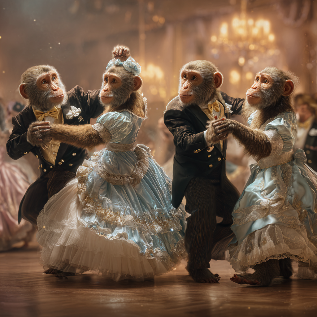 Affen in eleganter Kleidung tanzen in einem prachtvollen Ballsaal. 
Humorvolle, detailreiche Szene voller Licht, Bewegung und Fantasie.
