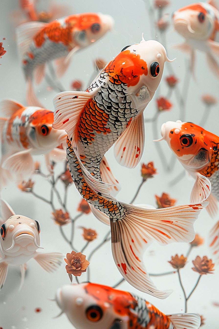 Detailreiche Darstellung mehrerer Koi-Fische in Bewegung, mit leuchtenden Orange- und Silbertönen vor hellem Hintergrund.

