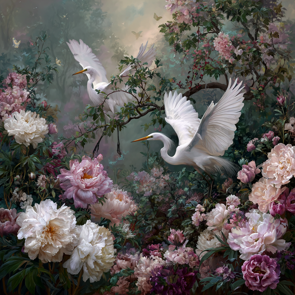 weiße reiher fliegen über blühende pfingstrosen in sanftem licht
