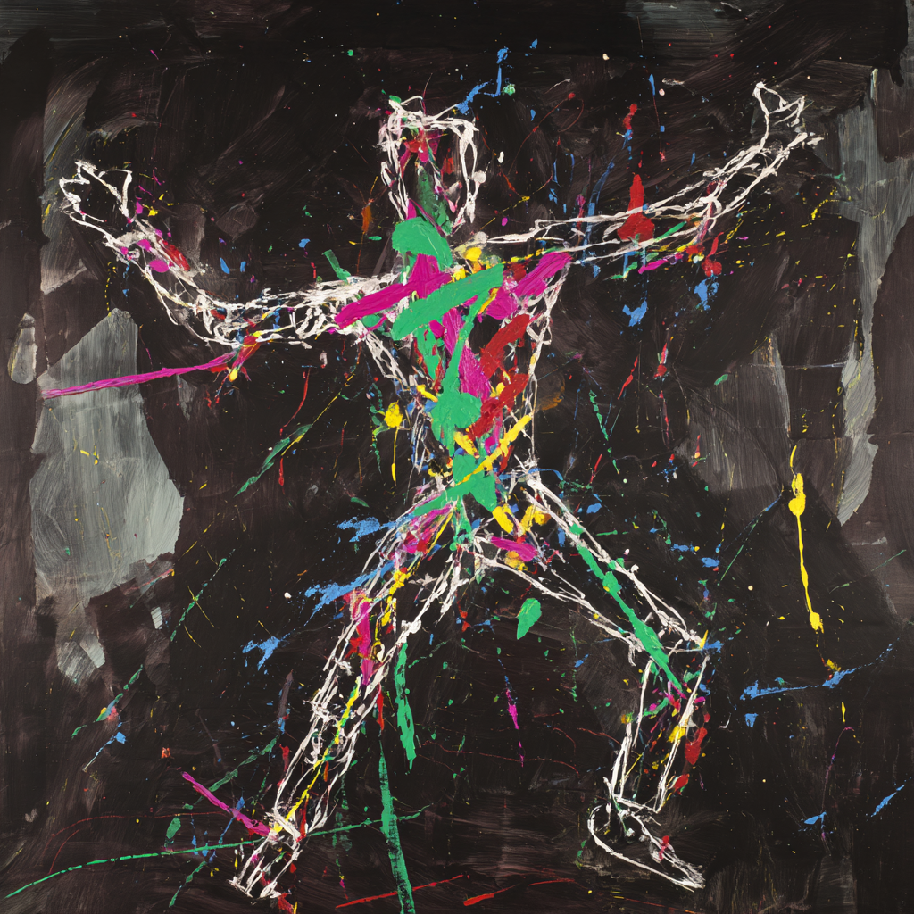 abstrakte figur aus farbspritzern auf schwarzem hintergrund
