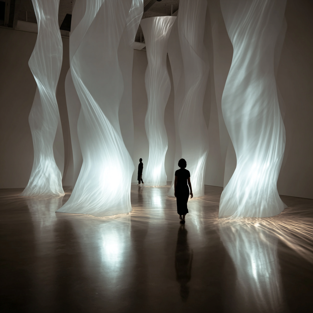 Schwebende, leuchtende Stoffsäulen in einer modernen Installation mit reflektierendem Boden und zwei Personen im Raum.
