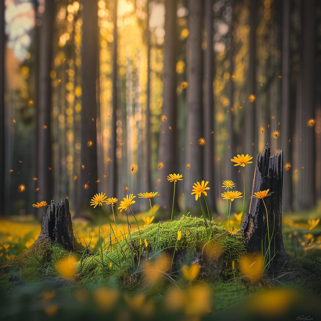 gelbe blumen auf moos im wald mit funkelnden lichtpartikeln
