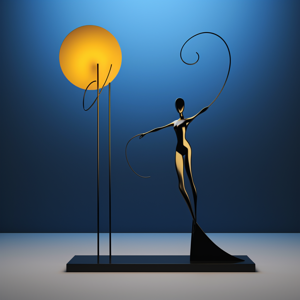 Abstrakte goldene Skulptur einer tanzenden Figur vor einem leuchtenden Kreis auf blauem Hintergrund – Symbol für Anmut, Energie und Balance zwischen Licht und Bewegung.
